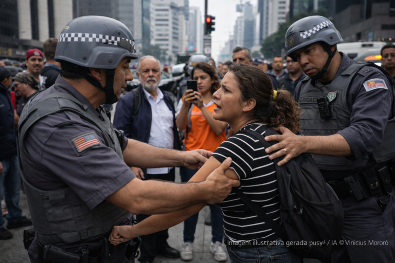 Mulher é imobilizada pela PM na Avenida Paulista durante discussão trabalhista